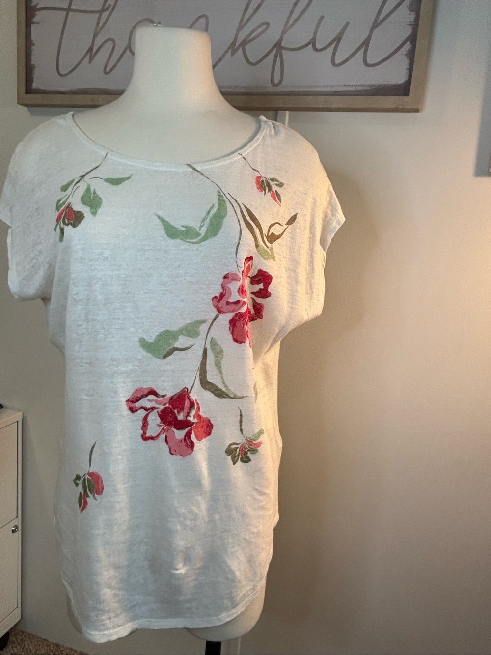Joie White Short-Sleeve Tee with Red Floral Print